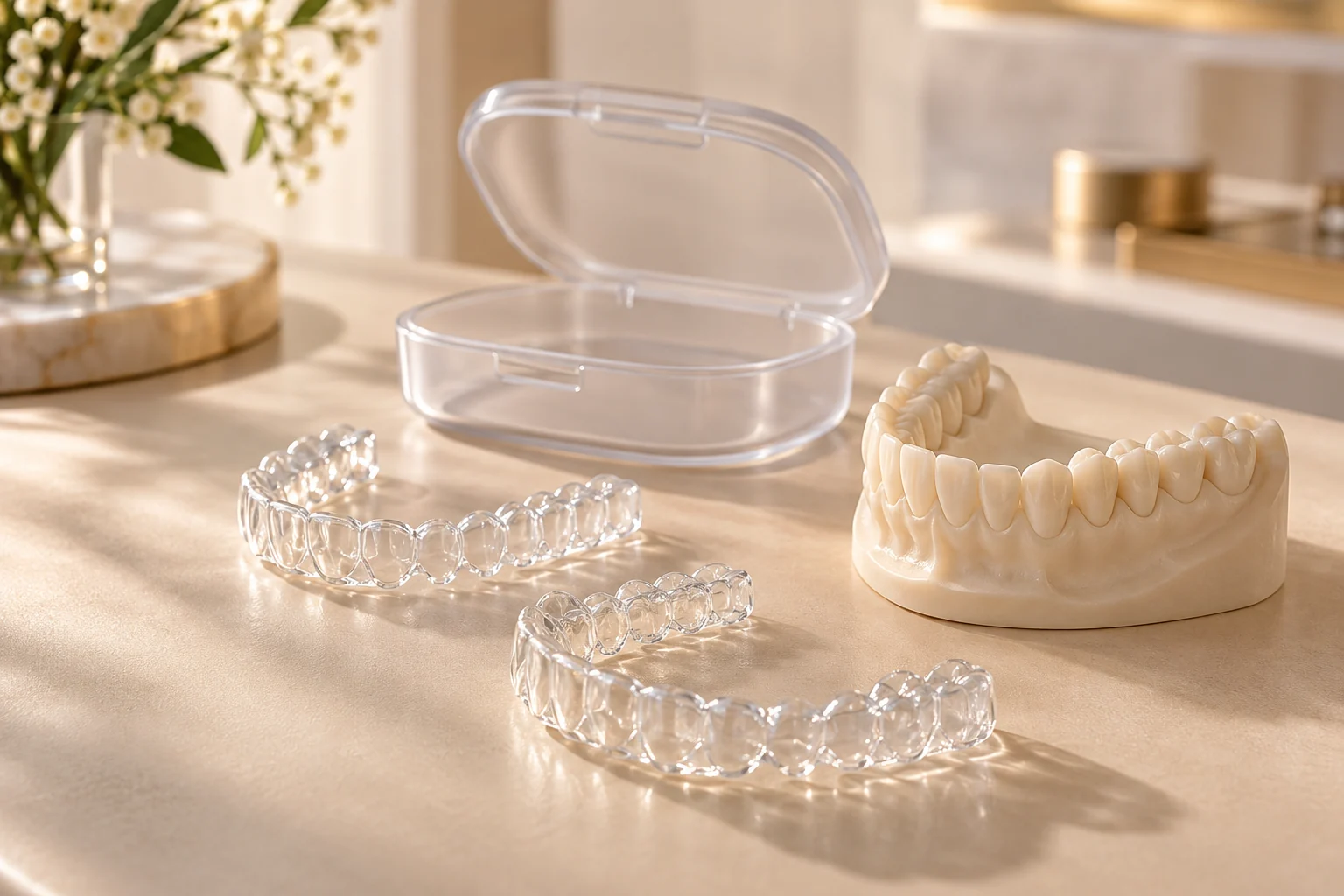 Fotografia editorial de alinhadores transparentes e modelo dentário