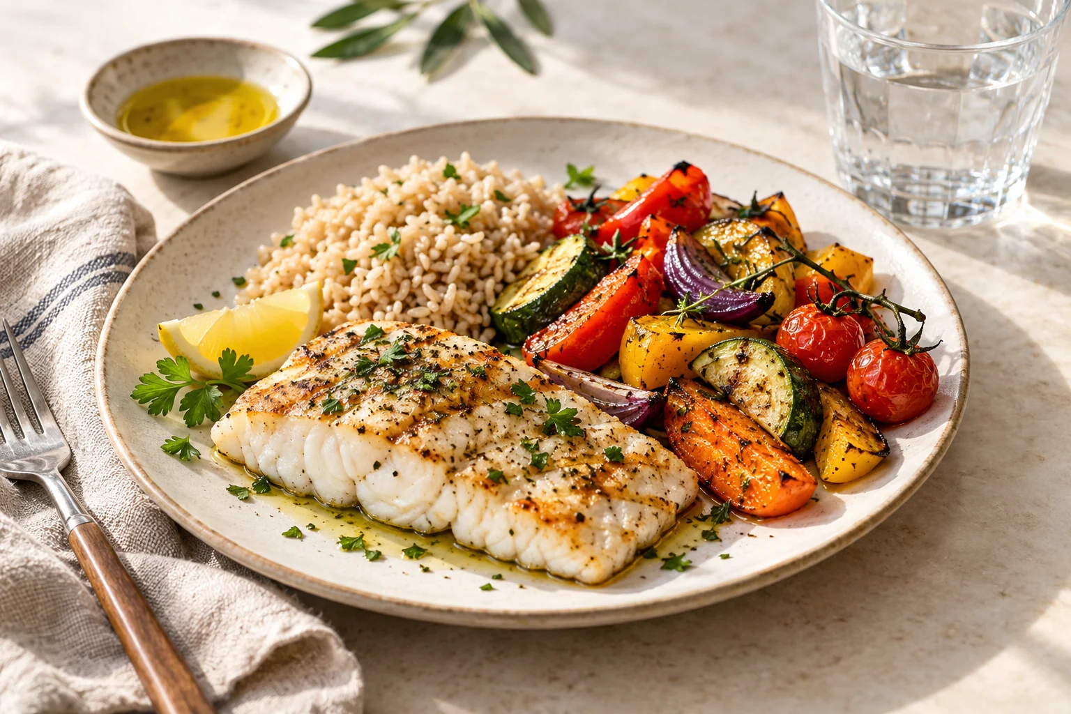 Refeição equilibrada com peixe, legumes e arroz integral
