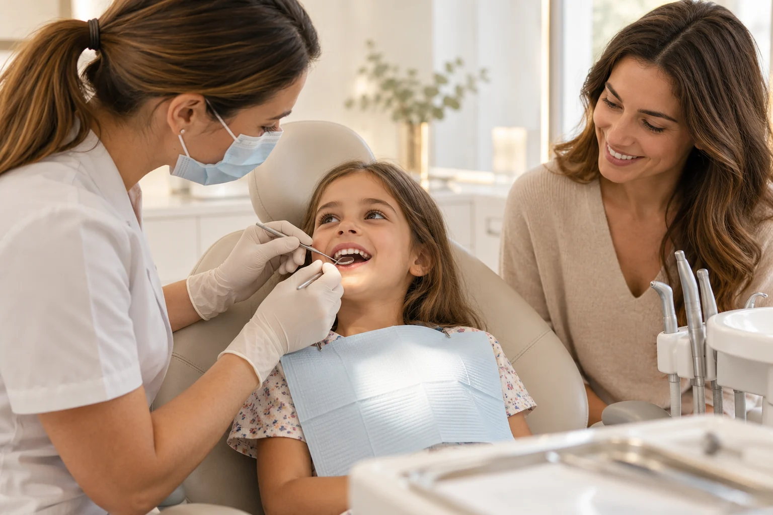 Consulta ilustrativa de odontopediatria com acompanhamento familiar