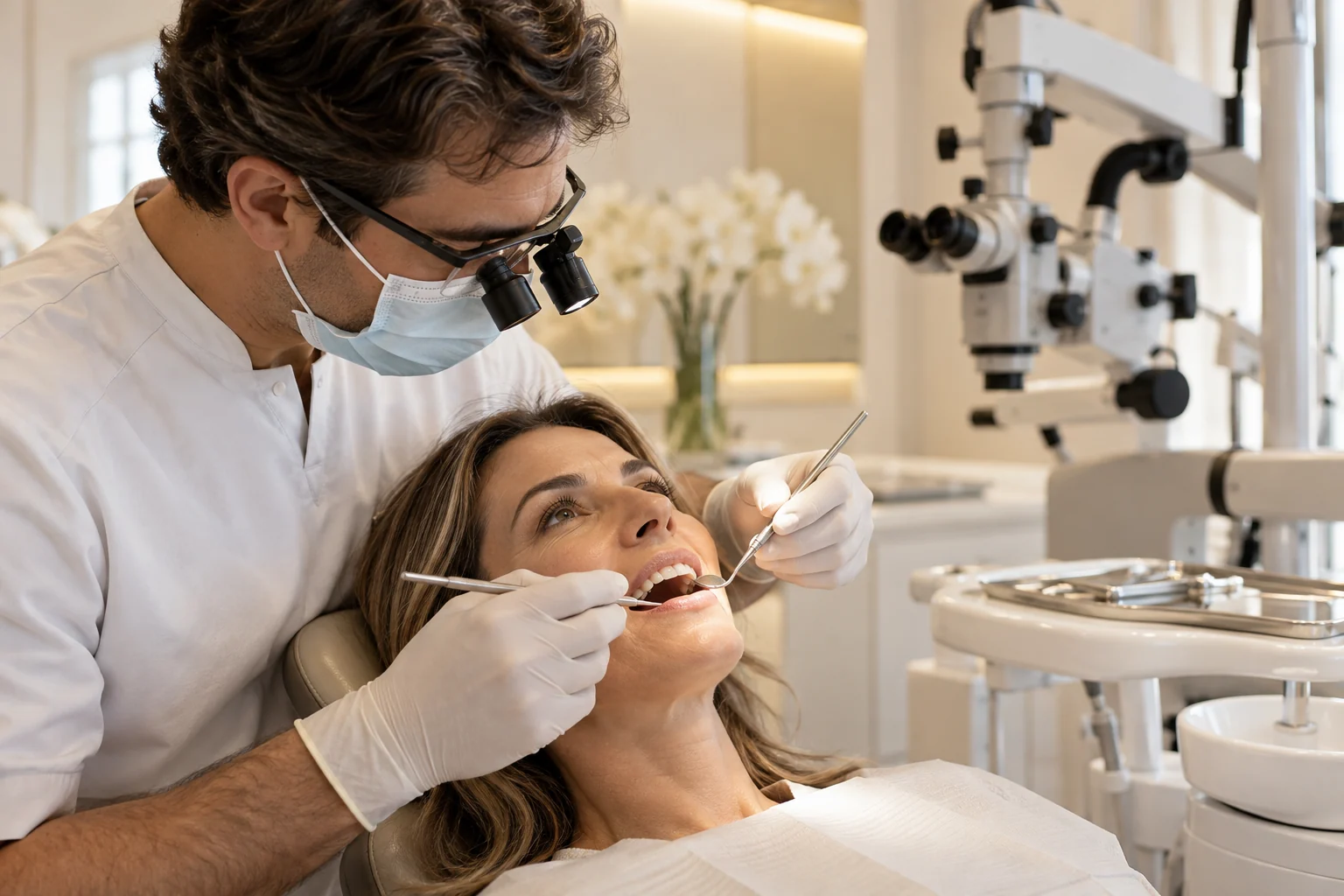 Consulta ilustrativa de endodontia com equipamento de magnificação