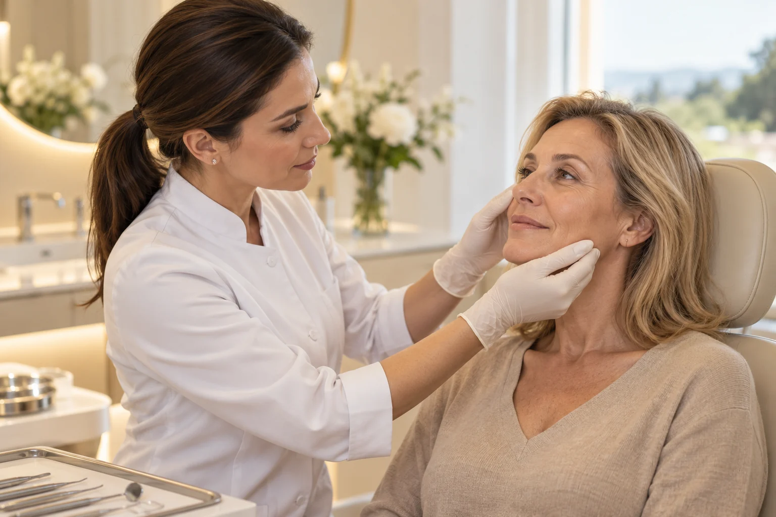 Consulta ilustrativa de avaliação facial com atenção à naturalidade