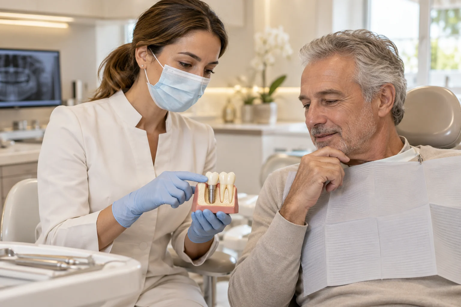 Consulta ilustrativa de planeamento de implantes com um modelo dentário