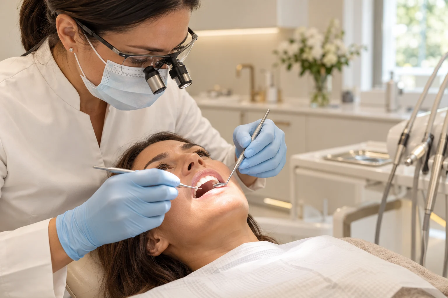 Consulta ilustrativa de restauração dentária com atenção à higiene