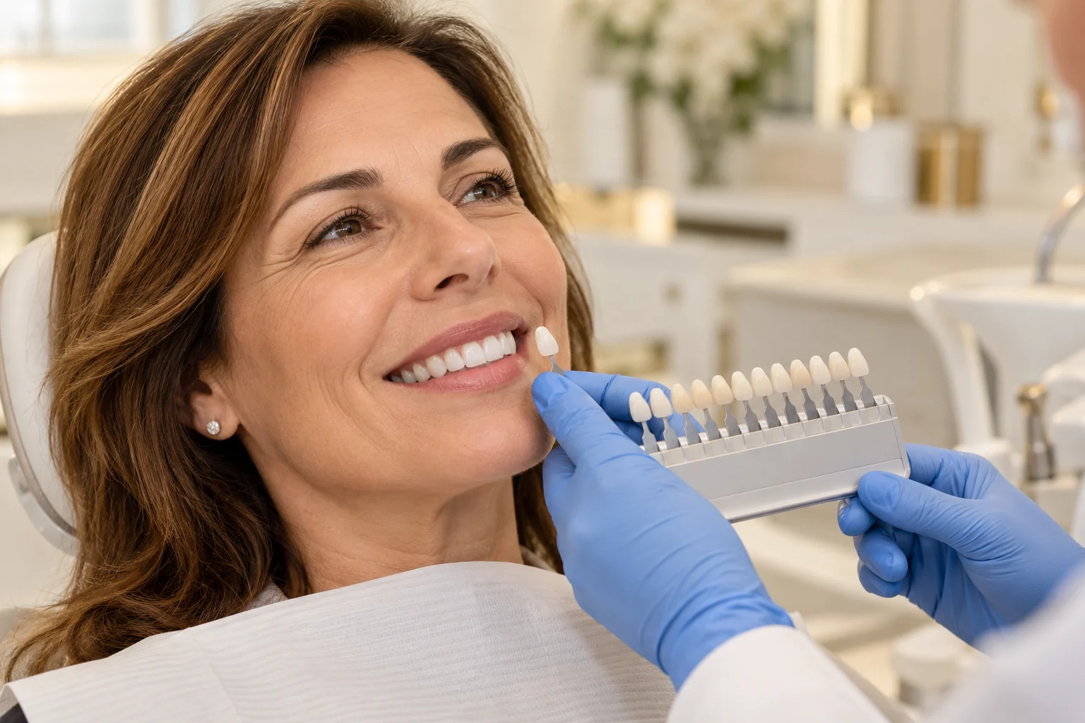 Comparação ilustrativa da cor dos dentes com um guia de tonalidades